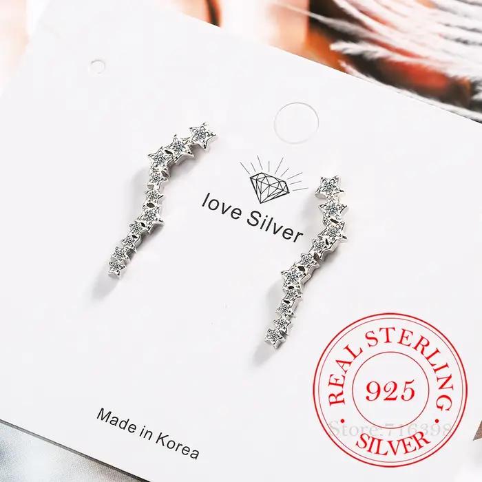 100% réel 925 en argent Sterling zircon cubique étoile oreille grimpeur boucles d'oreilles pour les femmes mignon