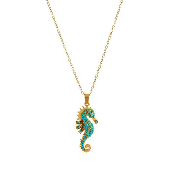 Collier pendentif hippocampe acier inoxydable plaqué or avec incrustation de zircon bijoux femme style classique pour occasions spéciales