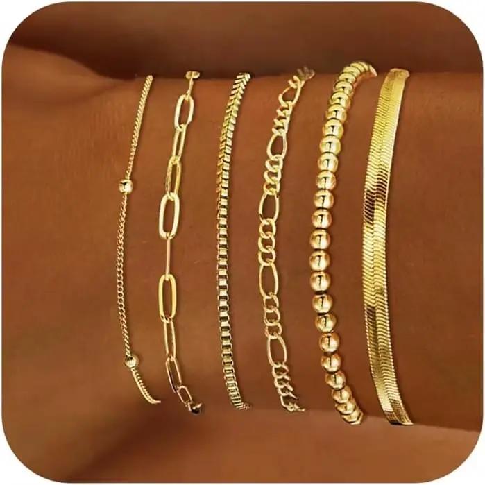 Ensemble de bijoux plaqués or 14 carats pour femme, bracelets imperméables, maillon cubain empilable