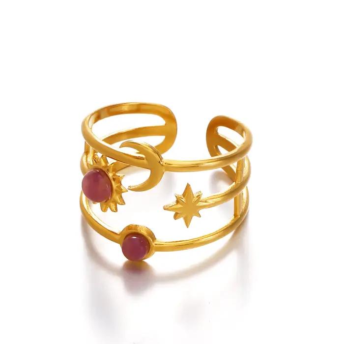 Bohème lune étoile soleil rose strass anneau ouvert en acier inoxydable couleur or femmes mode anneaux imperméables bijoux en gros