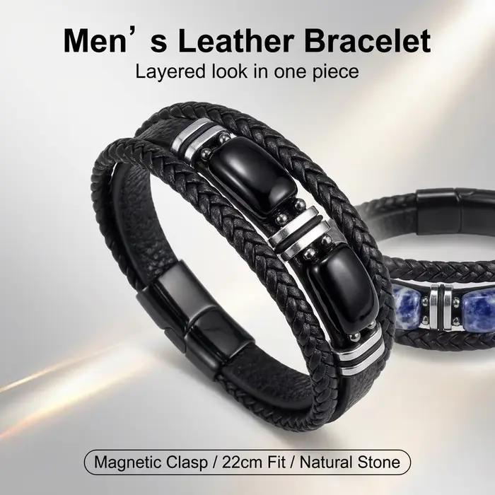 Bracelet à breloques classique pour hommes, pierre naturelle, œil de tigre, obsidienne, boucle magnétique, en cuir, bijoux cadeau pour hommes