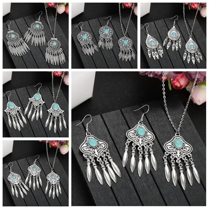Ensemble de bijoux ethniques indiens pour femme plaqué argent boucles doreilles géométriques collier pampilles turquoises bleues occasions spéciales engagement