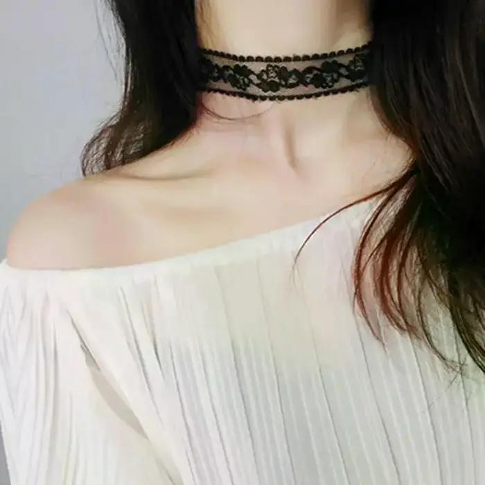 Collier ras du cou Harajuku gothique noir en dentelle florale