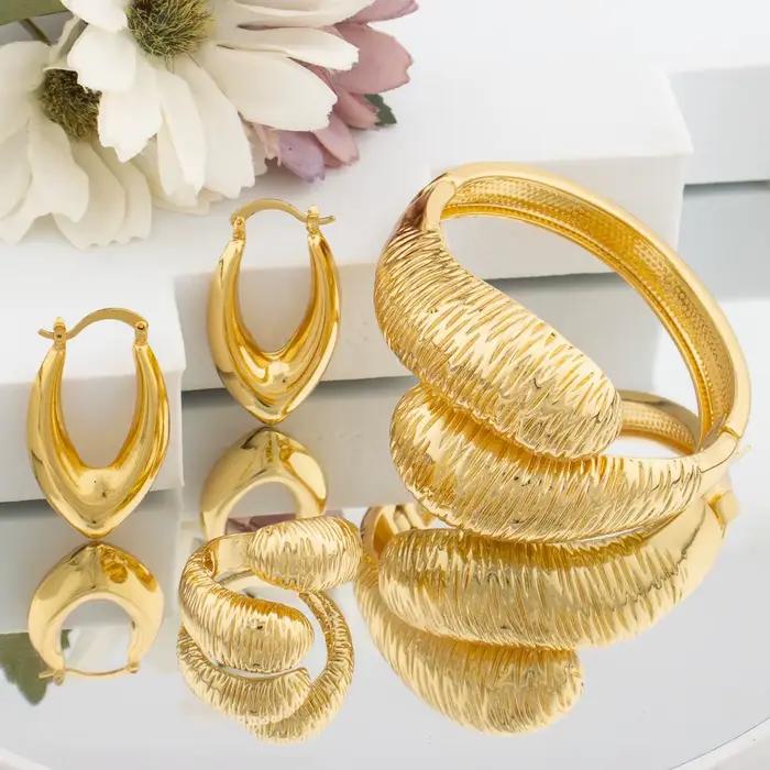 Ensemble de bijoux éthiopiens en or pour dames, bracelet à main et bague de cocktail, design rétro, fête brésilienne, document, 2 pièces