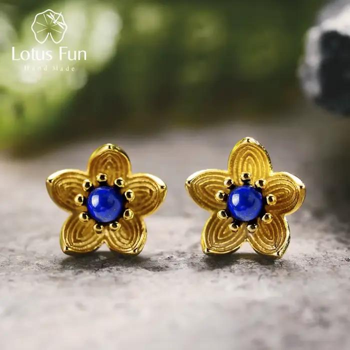 Boucles d'oreilles Lotus Fun en argent Sterling 925, Lapis naturel, bijoux fins créatifs faits à la