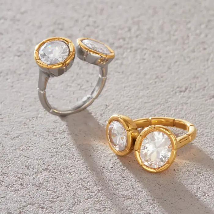 Bague ouverte en acier inoxydable plaquée or 18 carats avec double zircon ajustable pour femmes élégante pour occasions spéciales bijou tendance cadeau pour elle