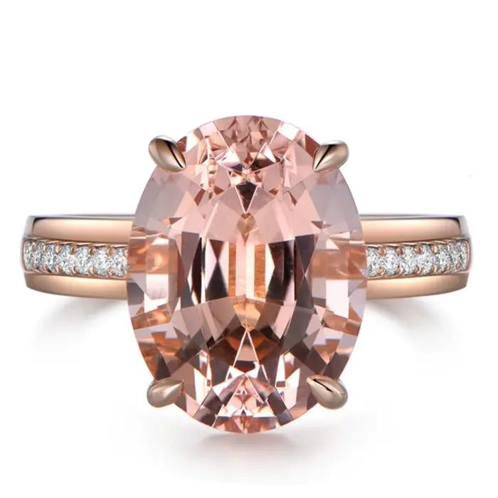 Bague en Morganite Naturelle et Diamant Simulé Plaqué Or 18K, Couleur Orange Rose, Pierre Précieuse