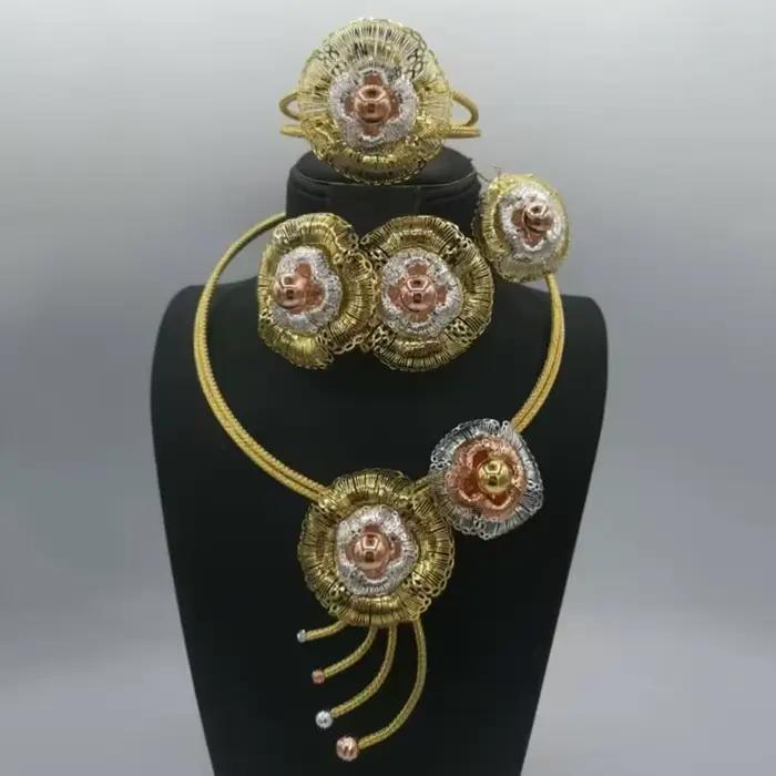 Ensemble de bijoux plaqué or 18 carats pour femmes, collier africain, pendentif, boucles d'oreilles, bracelet, bague, luxe, mode, fête, mariage, cadeaux