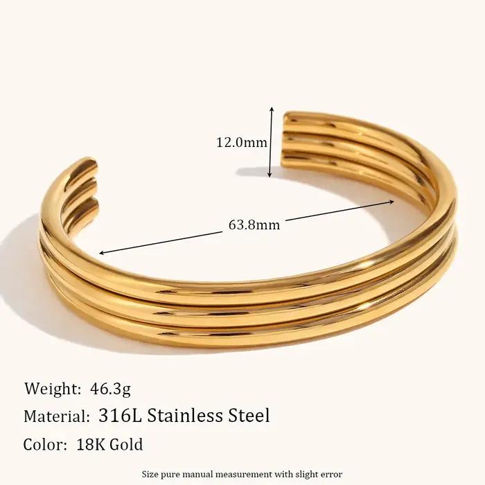 La. Muses-Bracelet en acier inoxydable plaqué or 18 carats, 3 couches, tube en forme de C, ouverture