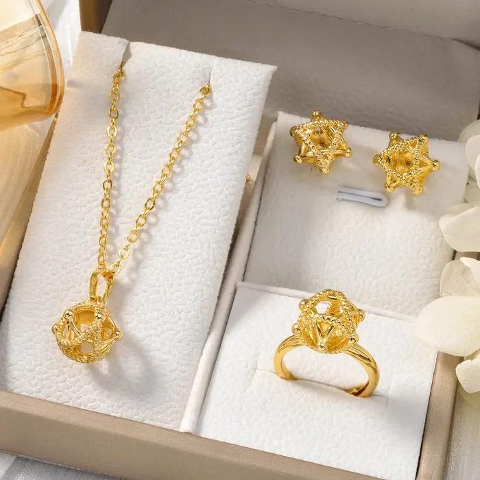 Ensemble de bijoux en cuivre doré avec collier, boucles d'oreilles et bague pour femmes et hommes occasions spéciales