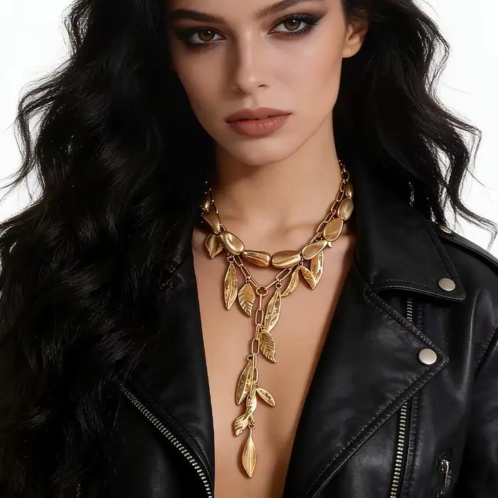 Collier Lariat Or Mat avec Pierres et Feuilles – Bijou Botanique Superposé pour Femme