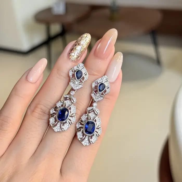 Boucles d'oreilles vintage à pampilles avec pierres précieuses bleues pour femmes