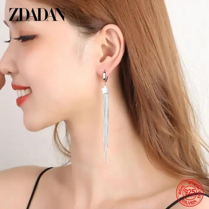 ZDADAN 925 en argent Sterling étoile à cinq branches frangée longues boucles d'oreilles pour les femmes mode fête cadeau de mariage