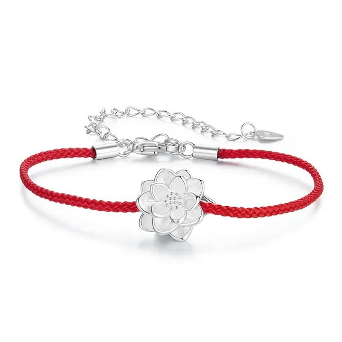 Bracelet Lotus en argent sterling 925 Bamoer, bracelet chaîne en coton noué en corde rouge délicate plaquée or blanc pour femmes et adolescentes