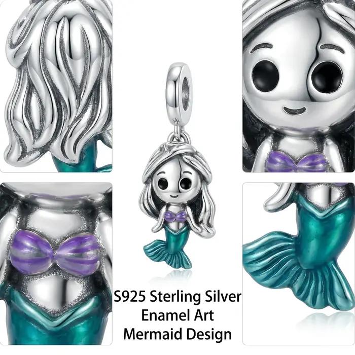 Pendentif Ariel Sirène en argent S925 avec émail bleu