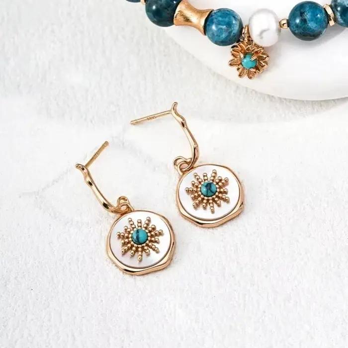Boucles d'oreilles pendantes rondes en argent S925 avec nacre blanche et turquoise pour femme
