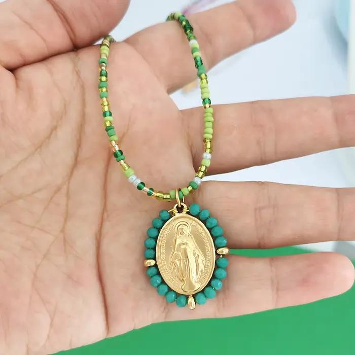 QMHJE vierge marie pendentif en acier inoxydable collier à breloques femmes tour de cou perles chaîn