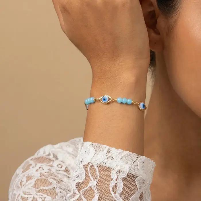 Bracelet Œil Turc En Acier Inoxydable Pour Femmes Perles Turquoises Chaîne De Maillons Protection Amulette Cadeau Occasions Spéciales
