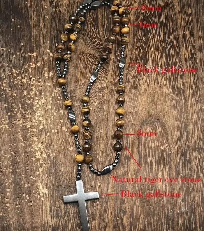 Collier en hématite pour homme, pendentif croix, chapelet, collier crucifix perlé pour lui, cadeau religieux pour père