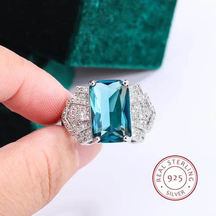 Bague élégante en argent S925 pour femmes, bague de luxe en Zircon bleu brillant, bijoux de fête à l