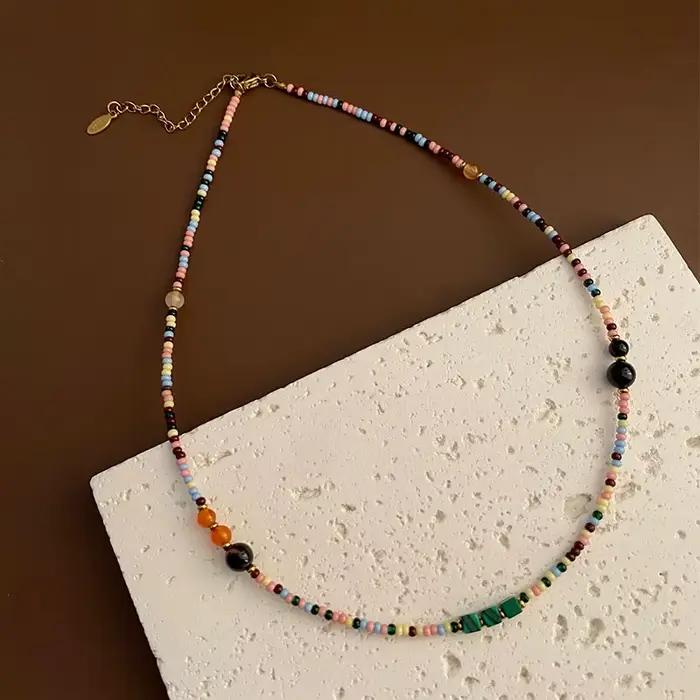 Collier ajustable vintage doré avec perles géométriques, chaîne de clavicule, style bonbon coloré, sensation de dopamine, bijoux de mode