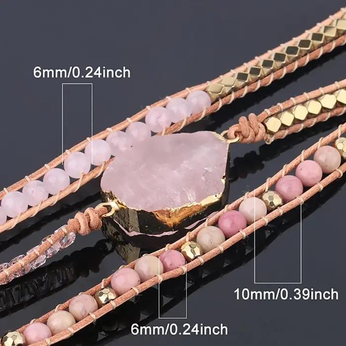 Bracelet Quartz Rose Pierre Naturelle Bohème Femme Voyage Vacances Plage Occasion Spéciale Cuir Elégant Présent Offert Fête