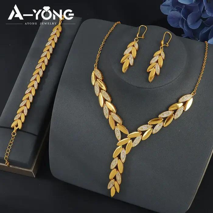 Ensemble de bijoux Habesha plaqué or 21 carats avec feuilles de zircone brésiliennes collier bracelet boucles doreilles pour femmes occasions spéciales