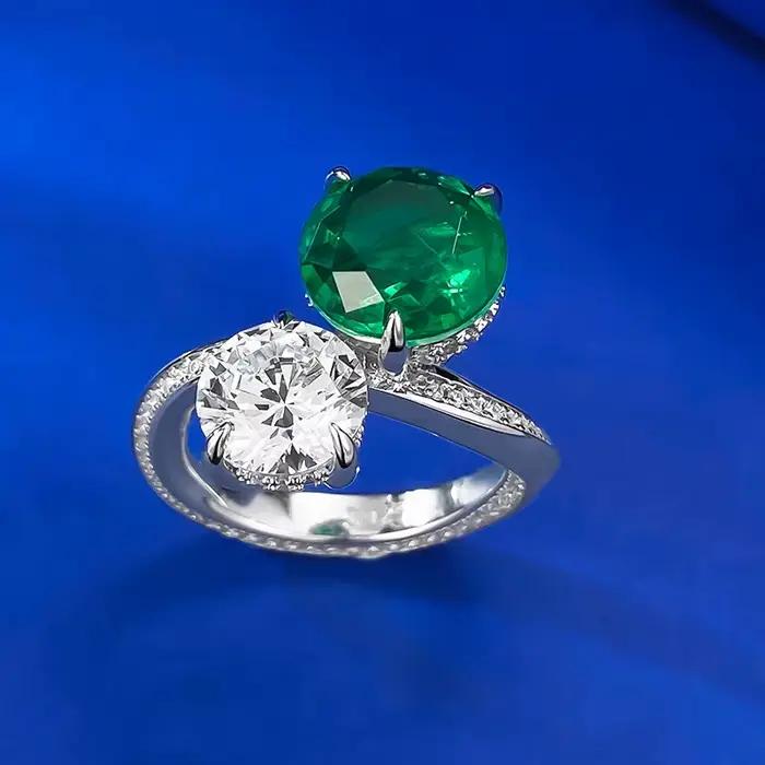 Bague en argent sterling 925 sérénité et élégance vintage avec émeraude et diamants à haute teneur en carbone pour femmes occasions spéciales anniversaires