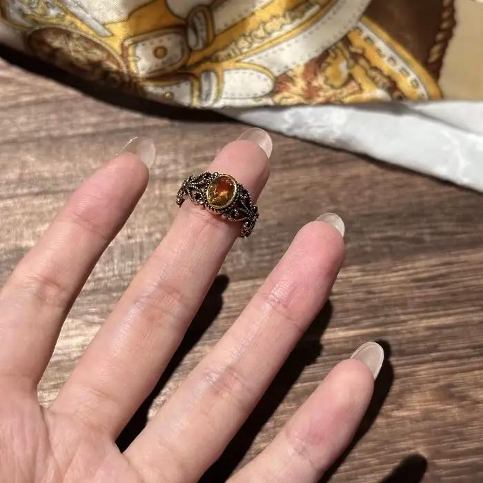 Bague d'art Vintage ajourée noir-doré, Style Punk, argent 925, cristal jaune, ovale, réglable, bijoux cadeau