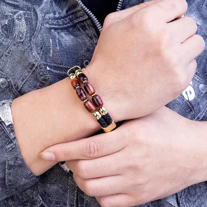 Bracelet en pierre naturelle œil de tigre en cuir tressé à la mode pour hommes et femmes occasions spéciales