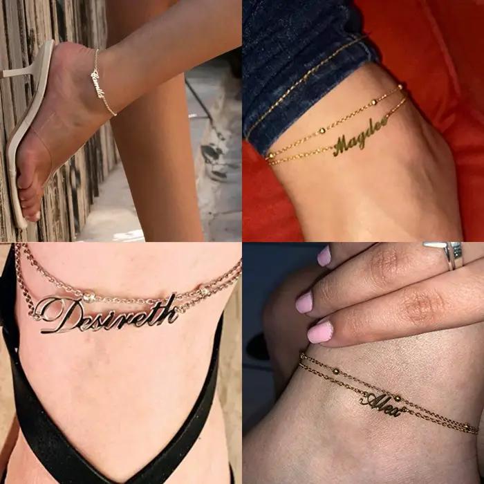 Bracelet de cheville personnalisé avec nom pour femmes délicat en acier inoxydable pour occasions spéciales et quotidien