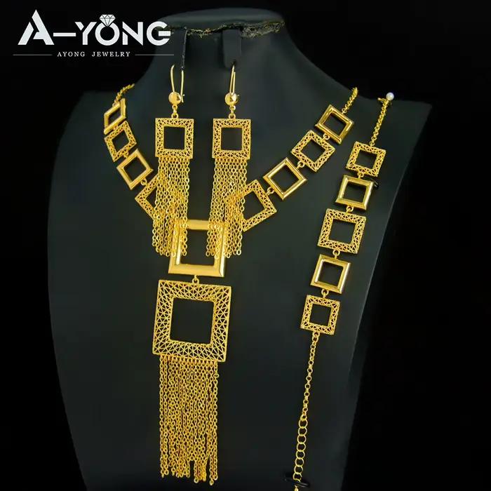 Ensemble de bijoux de mariage de mariée de luxe de dubaï plaqué or 24 carats algérie Premium Vintage Long pendentif