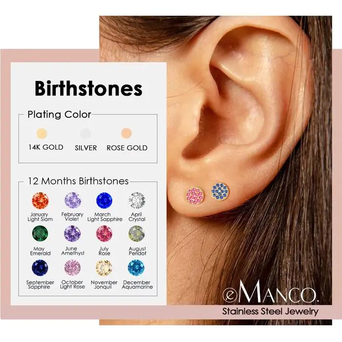 EManco Nouvelles Boucles d'Oreilles Perforées Pierre de Naissance en Zirconium, Bijoux en Acier Inoxydable, Cadeau d'Anniversaire