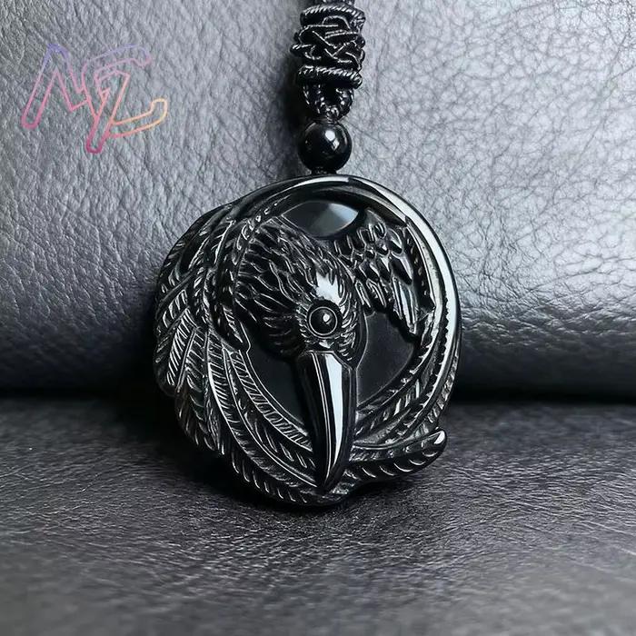 Collier pendentif corbeau en obsidienne véritable