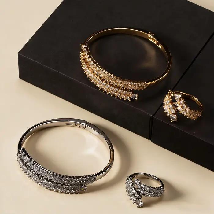 Ensemble bague et bracelet hypoallergénique en or avec zircon marquise, bracelet manchette ajustable et bague ouverte, cadeau pour demande en mariage de demoiselle d'honneur, usage quotidien