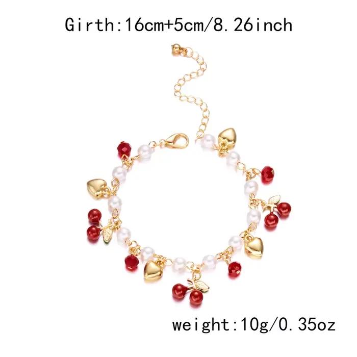 Doux mignon rouge fraise cerise coeur perle bracelet à breloques nouvelle mode Y2K fruits couleur or chaîne bijoux cadeaux de fête 2025