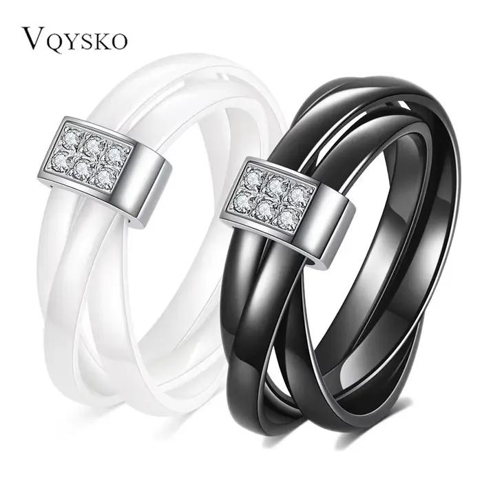 Bague à trois anneaux en céramique noire et blanche sertie de diamants à double rangée de 8MM pour couples