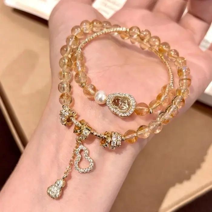 Bracelet Double Cercle en Cristal Rose Naturel et Améthyste