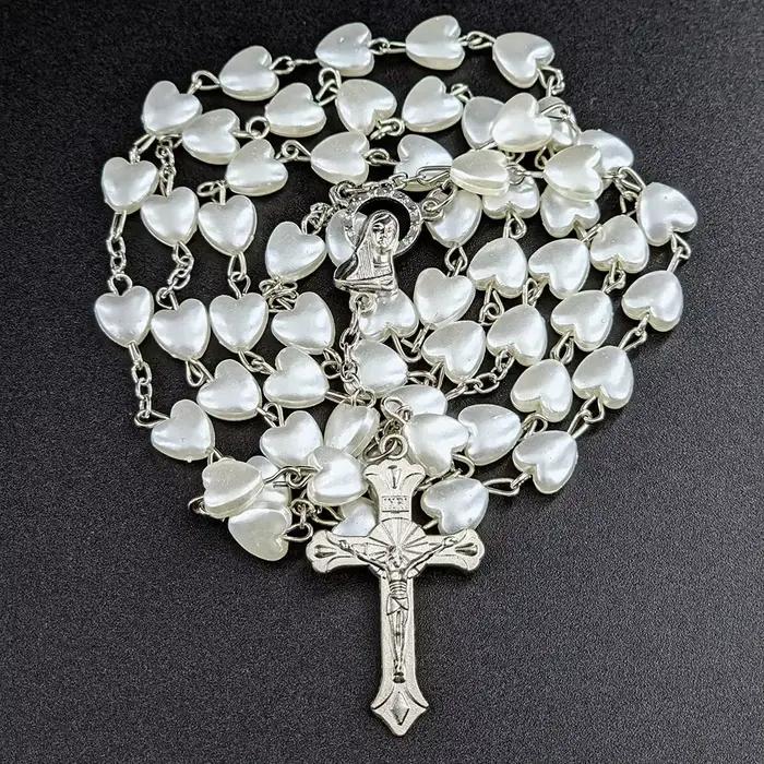 Collier chapelet coeur blanc pour femme, croix de la Vierge Marie, pendentif INRI, Long JOMen, religion, prière, fête, accessoires de bijoux