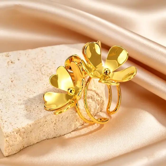 Bagues Uniques aux Grandes Fleurs Exagérées, Bijoux en Acier Inoxydable Doré, Cadeau Idéal pour Femme, Occasions Spéciales