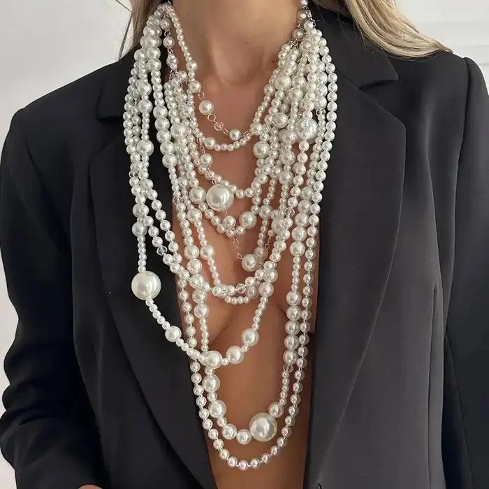 Collier de perles d'imitation multicouche pour femmes