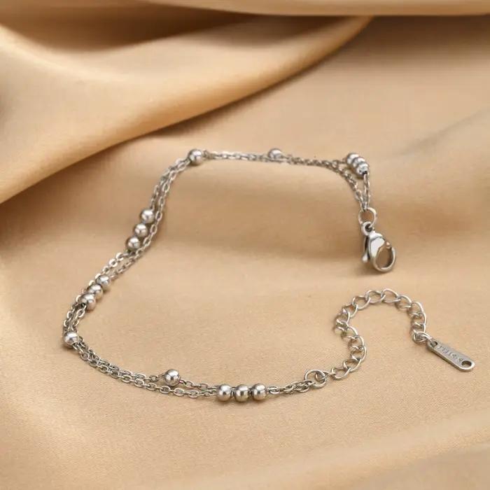Bracelet délicat double couche à billes pour femme, minimaliste, avec chaîne de perles Satellite Station, plaqué or 18 carats, bijoux étanches