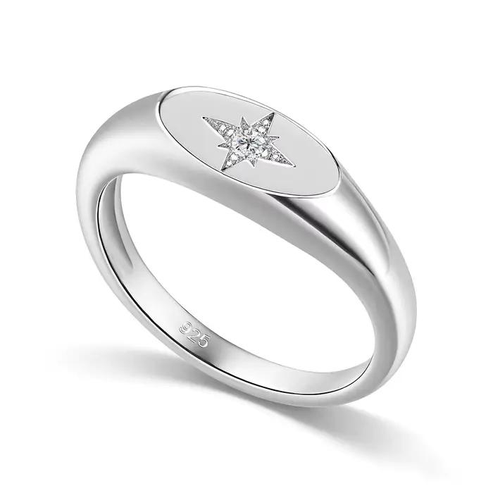 Bague Chevalière en Argent Sterling 925 avec Moissanite Brillante Étoile Polaire à Huit Branches, Bijou Minimaliste de Promesse et de Déclaration