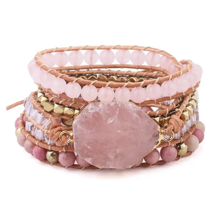 Bracelet Quartz Rose Pierre Naturelle Bohème Femme Voyage Vacances Plage Occasion Spéciale Cuir Elégant Présent Offert Fête