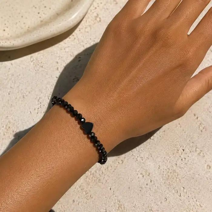 Bracelet extensible en perles noires en forme de cœur pour femme, élégant pour un usage quotidien, d