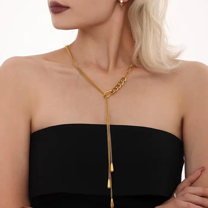 Trois colliers à chaînes différentes pour femmes, plaqués or 18 carats, en acier inoxydable, long collier à pampilles pour femme, chaîne pour pull