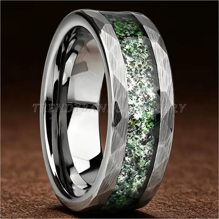 Bague en tungstène martelé avec incrustation d'agate blanche, bijou de mode pour homme et femme, alliance résistante et élégante pour mariage et événements spéciaux