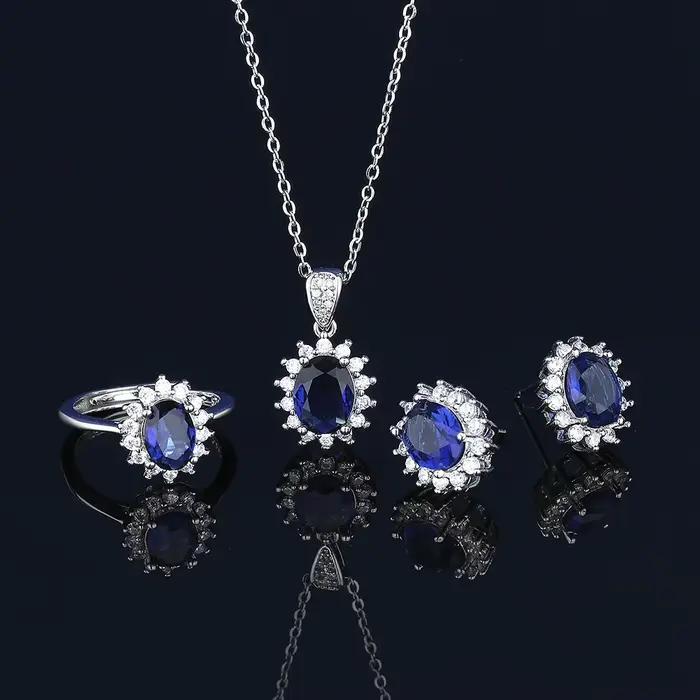 Ensemble de bijoux bleus de luxe pour femmes, collier, boucles d'oreilles et bague en argent sterling 925 avec pierres CZ ovales, bijoux de mariage, cadeau de mariage