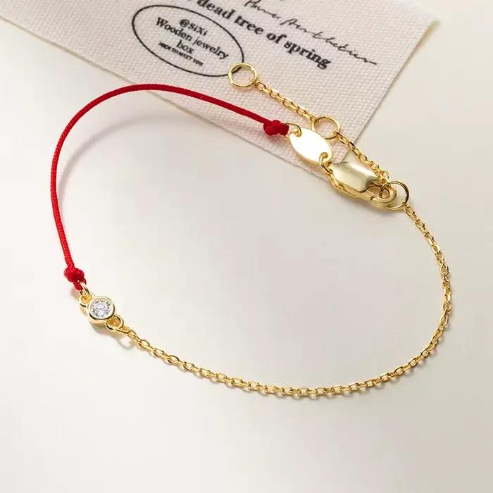 WANTME 925 argent Sterling brillant rond Zircon rouge tressé à la main corde breloques chaîne Bracelet pour les femmes mode fête Couple bijoux