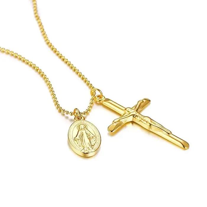 Collier avec pendentif en forme de croix et médaille miraculeuse de la vierge marie pour femmes